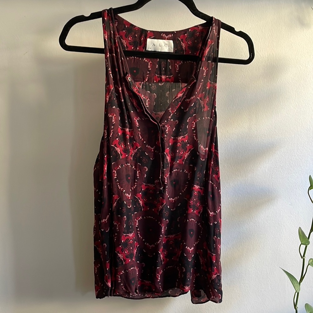 A.L.C. Red and black abstract-print silk chiffon sleeveless blouse